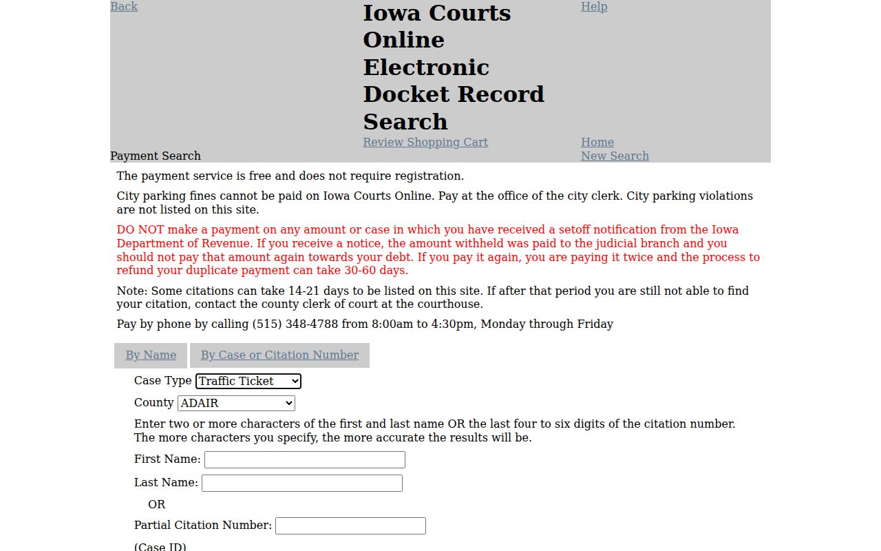 Worth County traffic warrant payment search fields