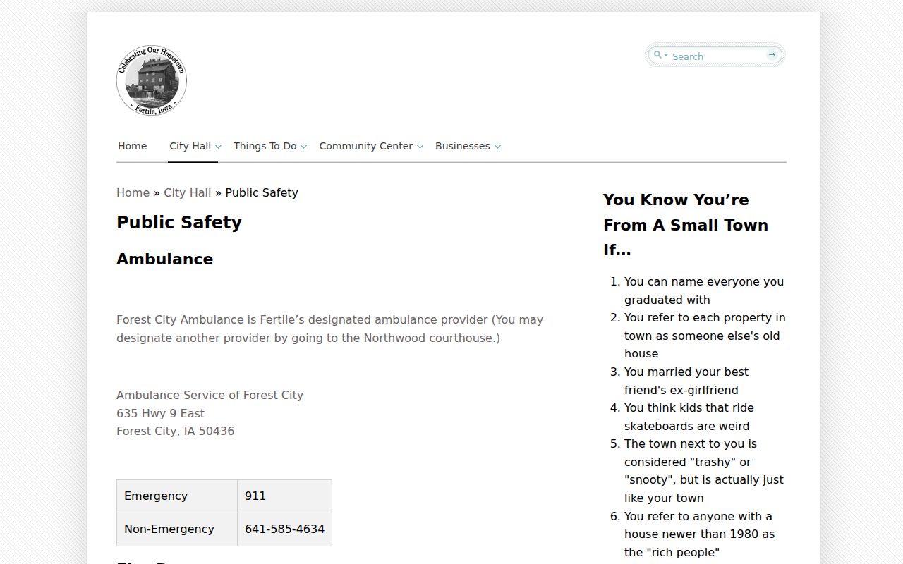 Fertile public safety page describing Worth County Sheriff patrol service