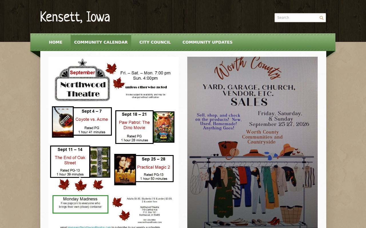 Kensett community calendar showing municipal council information